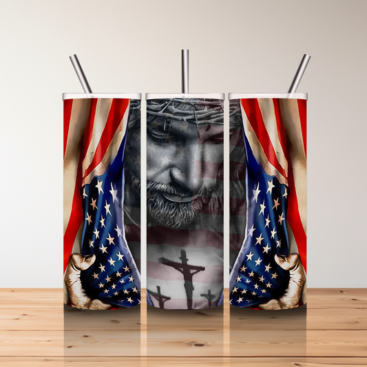 20 oz Skinny Sublimated Tumbler-Jesus and Flag