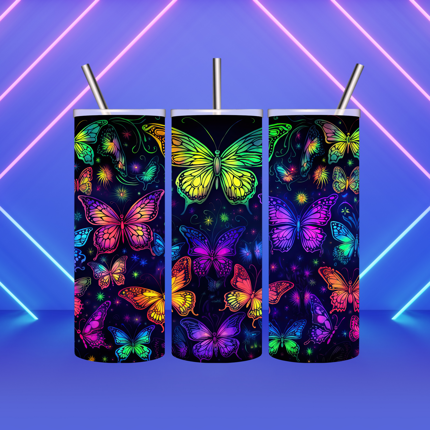 20 oz Skinny Sublimated Tumbler-Neon Butterflies